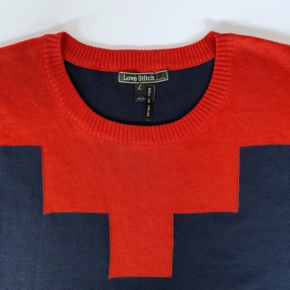 Oversized Color Block Sweater Navy Orange Modern Minimalist Nautical Winter Fall - Picture 2 of 8